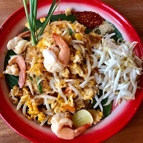 One More Thai's Pad Thai with shrimp, bean sprouts, lime, and chili flakes on a red plate.