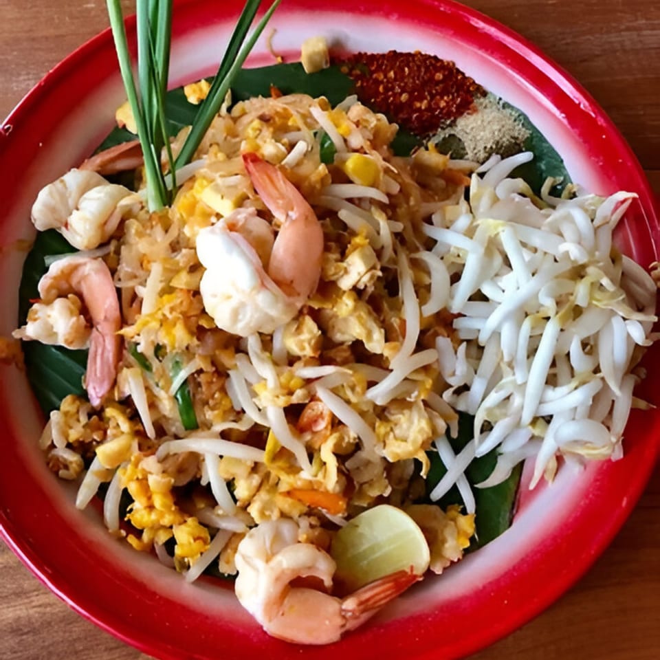 One More Thai's Pad Thai with shrimp, bean sprouts, lime, and chili flakes on a red plate.