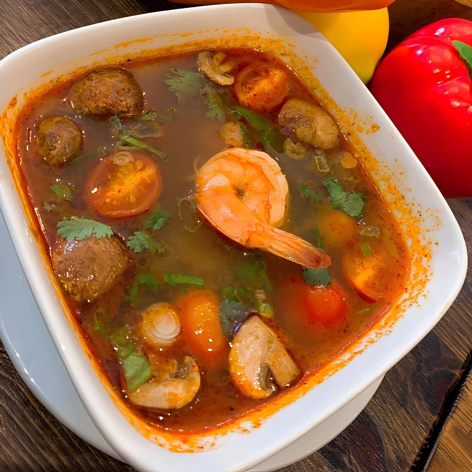 A bowl of One More Thai Tom Yum soup with shrimp, mushrooms, and tomatoes.