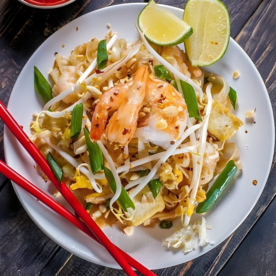 One More Thai's Pad Thai with shrimp, bean sprouts, lime, and red chopsticks on a white plate.