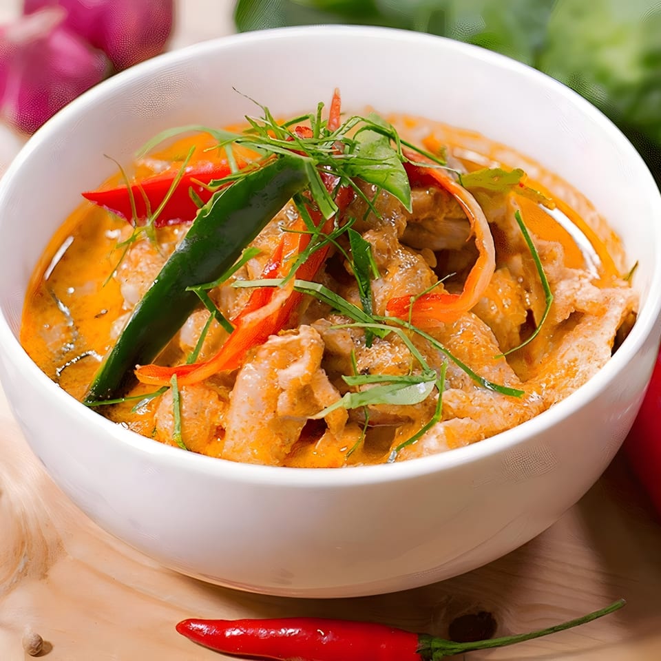 One More Thai red curry with chicken, red and green peppers, and herbs in a white bowl.