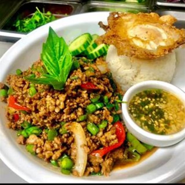 Ground Pork Basil/Fried Egg.